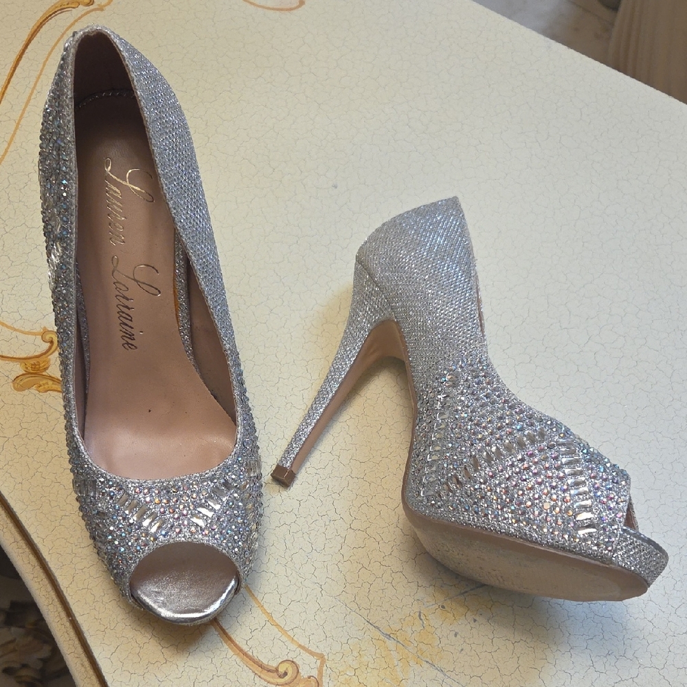 Silver AB Crystal Emblished Peep-Toe High Heels